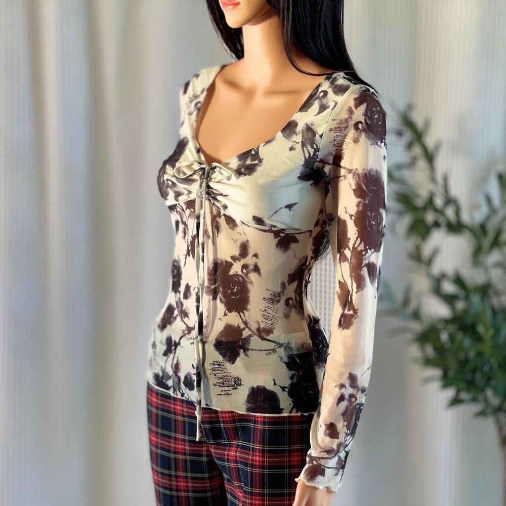 Free Kisses Mesh Long‎ Sleeve Top Black & White Floral Print Sheer Whimsygoth M